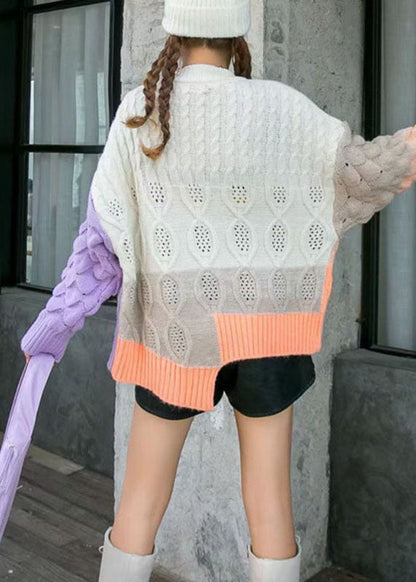 Boho Lila Locker Lässiger Patchwork Herbst Mantel Pullover