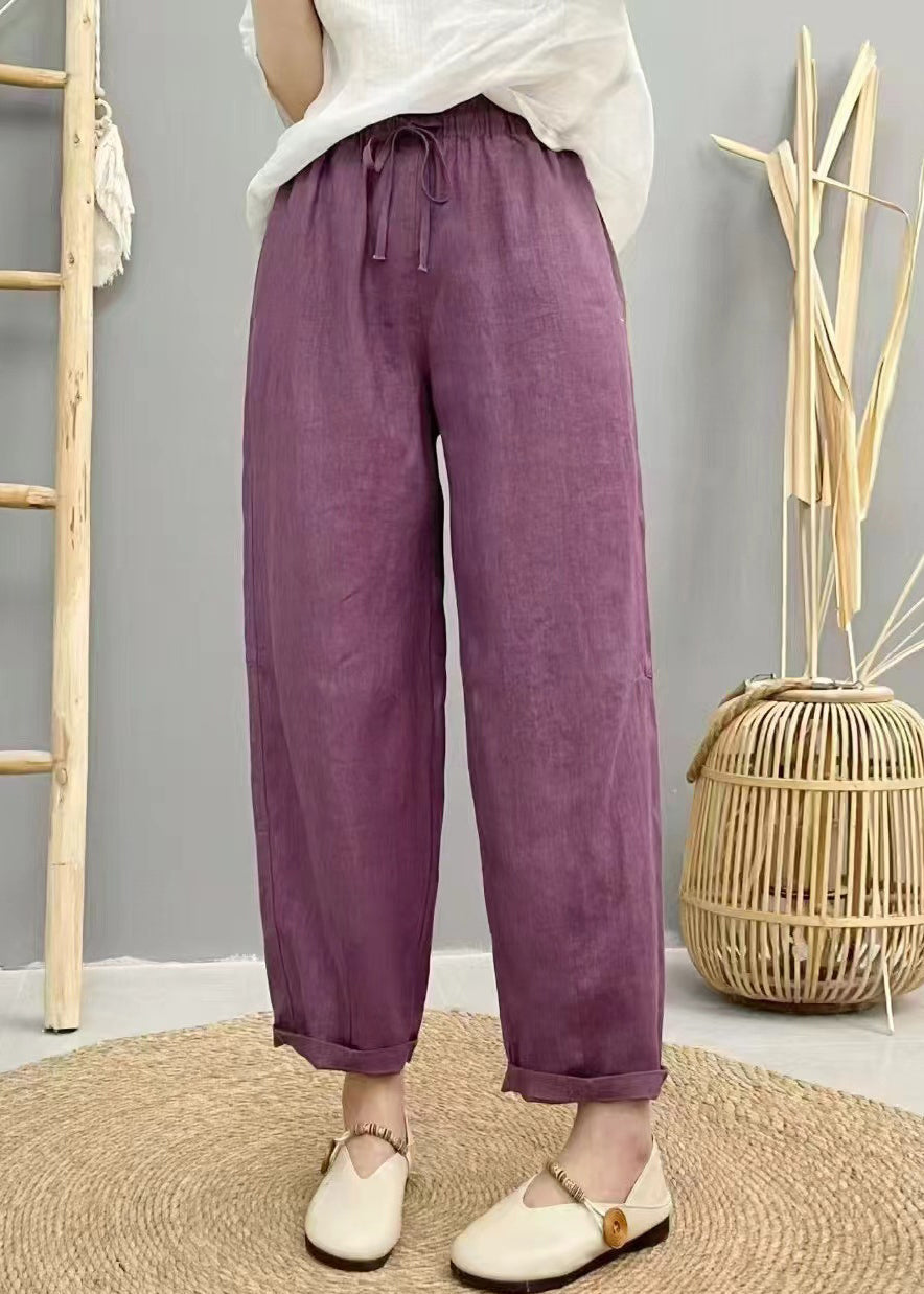 Boho Purple Oversized Elastic Waist Linen Harem Pants Summer