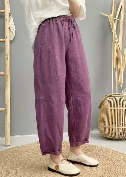 Boho Purple Oversized Elastic Waist Linen Harem Pants Summer