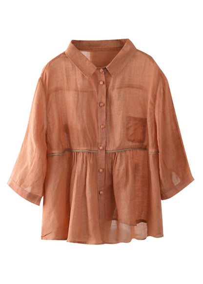 Camisas de ramio con botones y patchwork asimétricos de cuello Peter Pan morado estilo bohemio, manga media