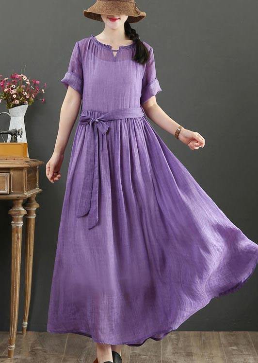 Boho Purple Ruffled Maxi Summer Linen Dress - SooLinen