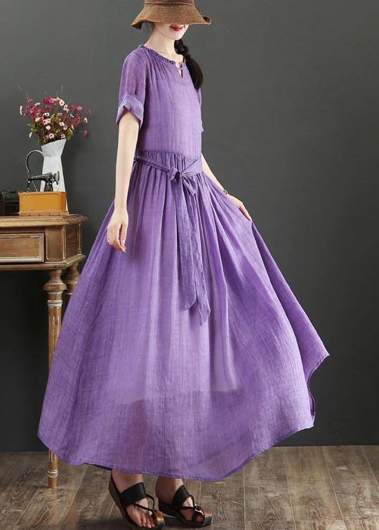 Boho Purple Ruffled Maxi Summer Linen Dress - SooLinen