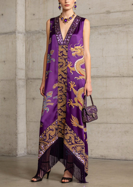 Boho Purple Tasseled Print Silk Robe Dresses Sleeveless