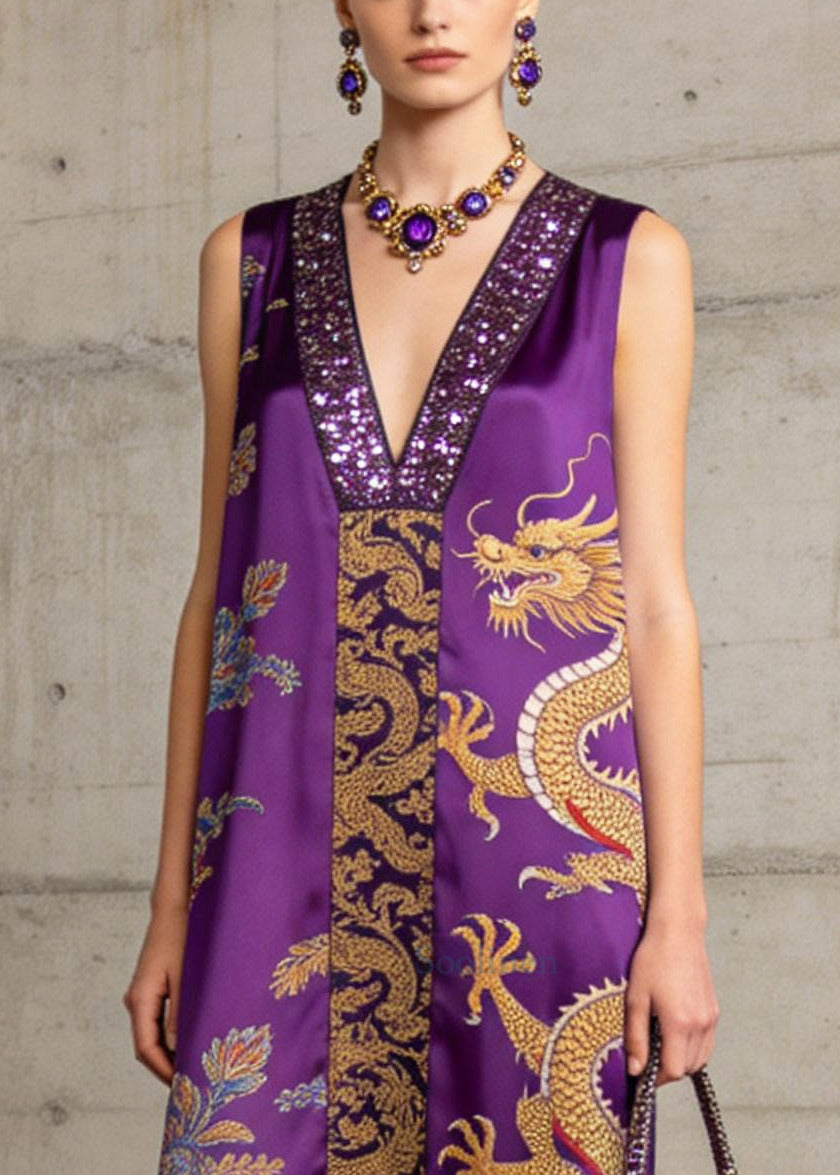 Boho Purple Tasseled Print Silk Robe Dresses Sleeveless