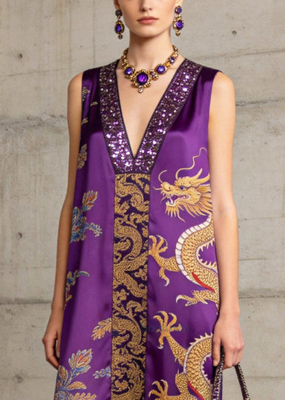 Boho Purple Tasseled Print Silk Robe Dresses Sleeveless