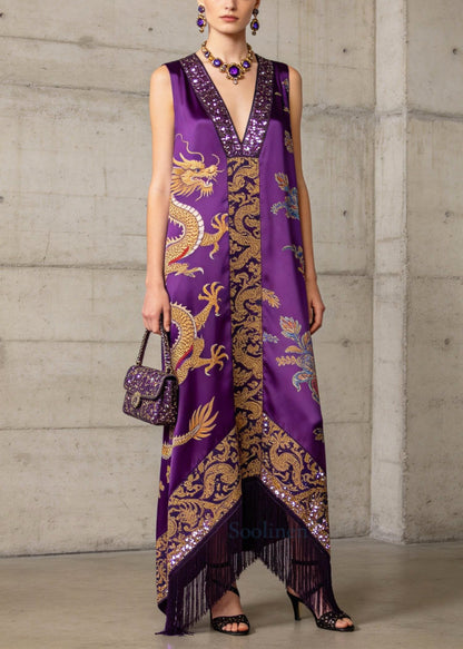 Boho Purple Tasseled Print Silk Robe Dresses Sleeveless
