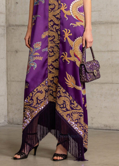 Boho Purple Tasseled Print Silk Robe Dresses Sleeveless