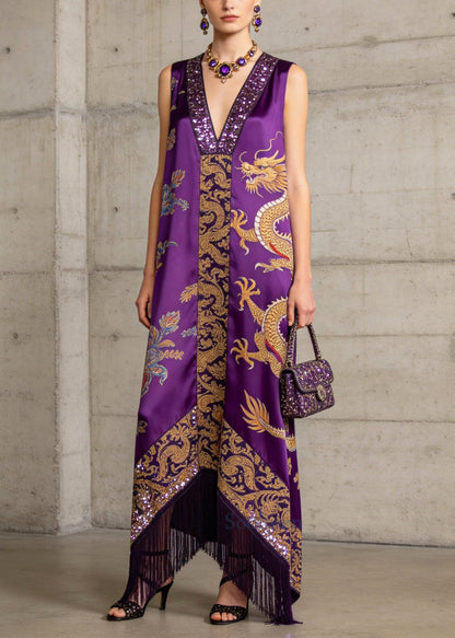 Boho Purple Tasseled Print Silk Robe Dresses Sleeveless