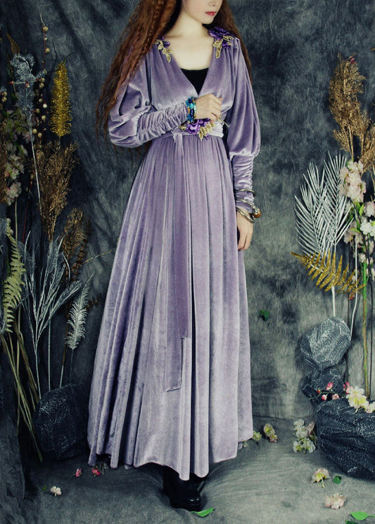 Boho Lila V-Ausschnitt Applikation Taillenbindung Seidenvelours Maxikleider Frühling