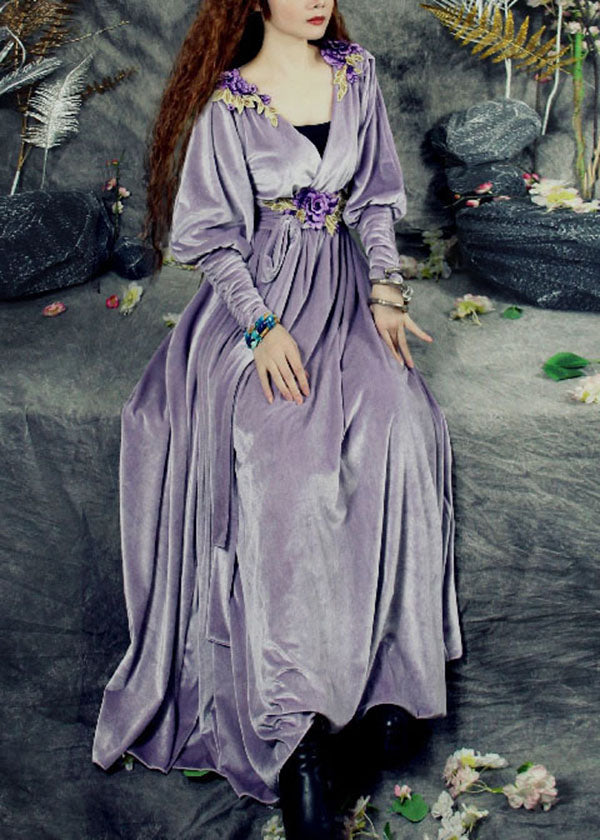 Boho Lila V-Ausschnitt Applikation Taillenbindung Seidenvelours Maxikleider Frühling