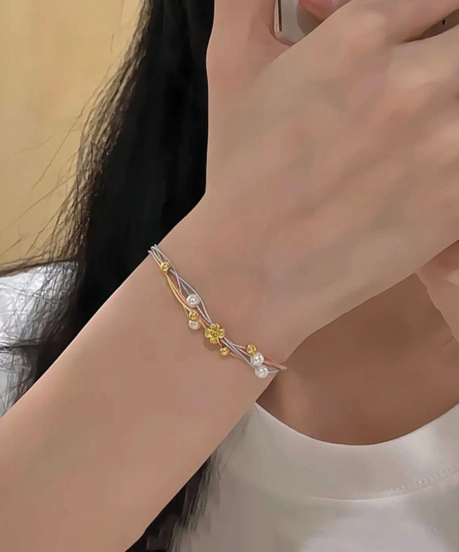 Pulsera de cadena floral con perlas tejidas a mano de aleación arcoíris bohemia