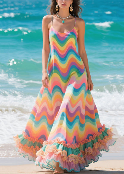 Boho Rainbow Ruffled Striped Chiffon Holiday Dress Summer