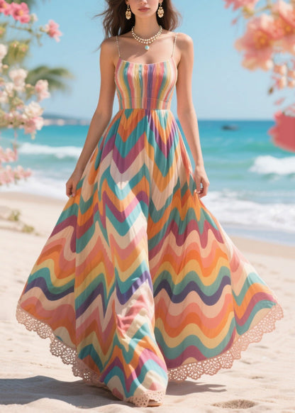 Boho Rainbow Striped Exra Large Hem Chiffon Robe Dresses Summer