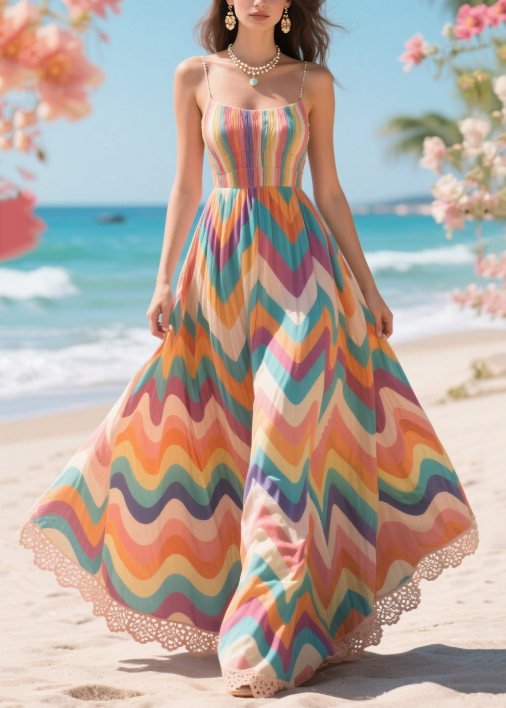 Boho Rainbow Striped Exra Large Hem Chiffon Robe Dresses Summer