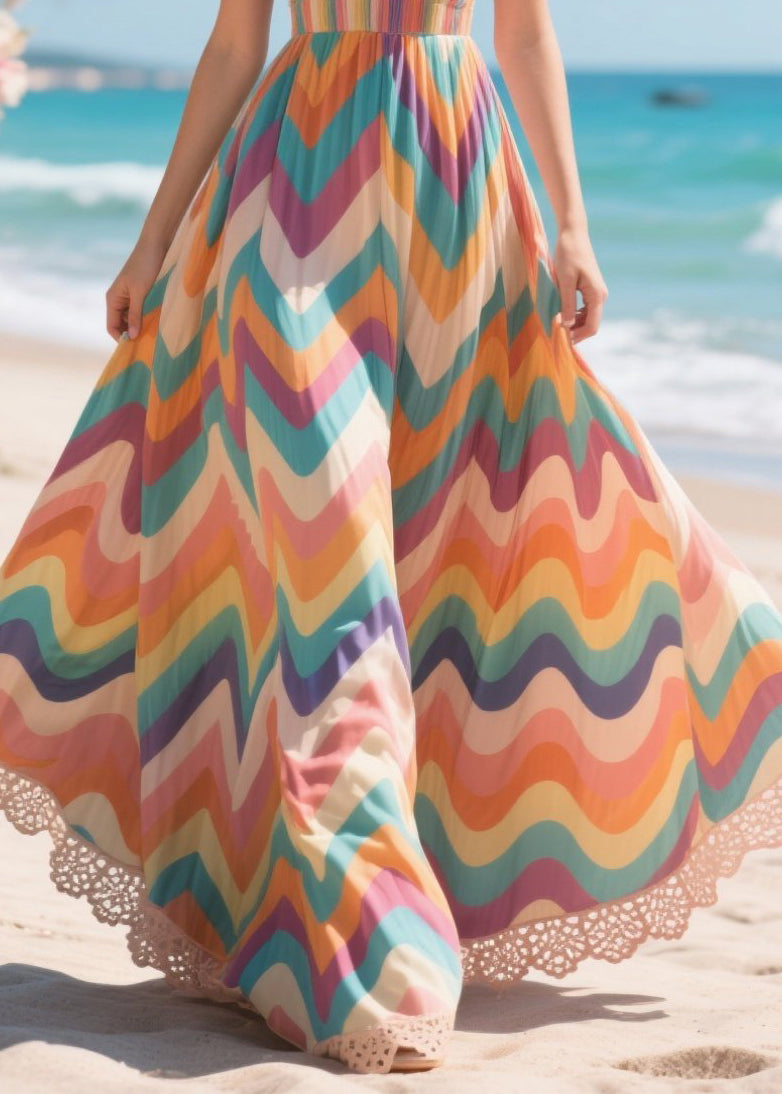 Boho Rainbow Striped Exra Large Hem Chiffon Robe Dresses Summer