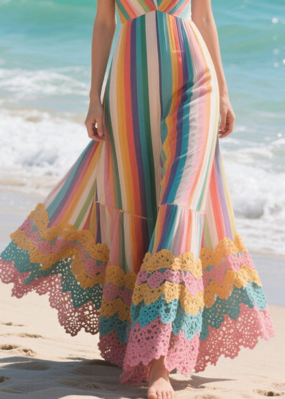 Boho Rainbow Striped Patchwork Lace Chiffon Spaghetti Strap Dress Summer