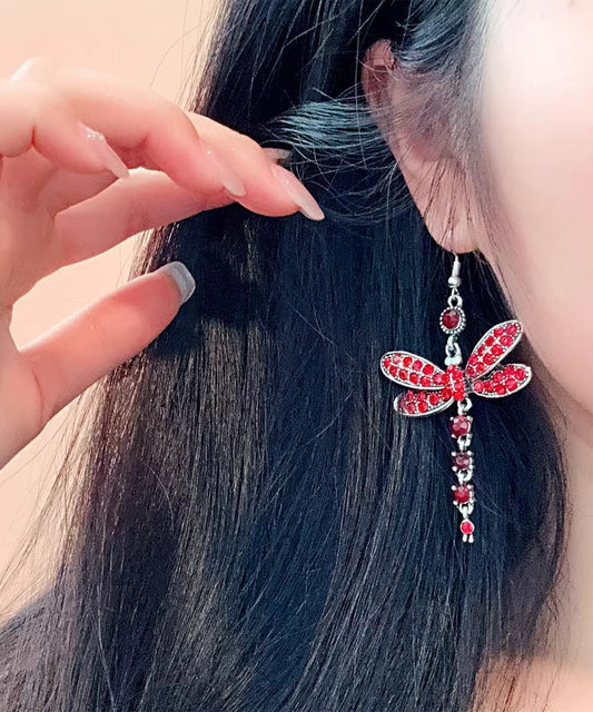 Boho Red Alloy Zircon Dragonfly Drop Earrings