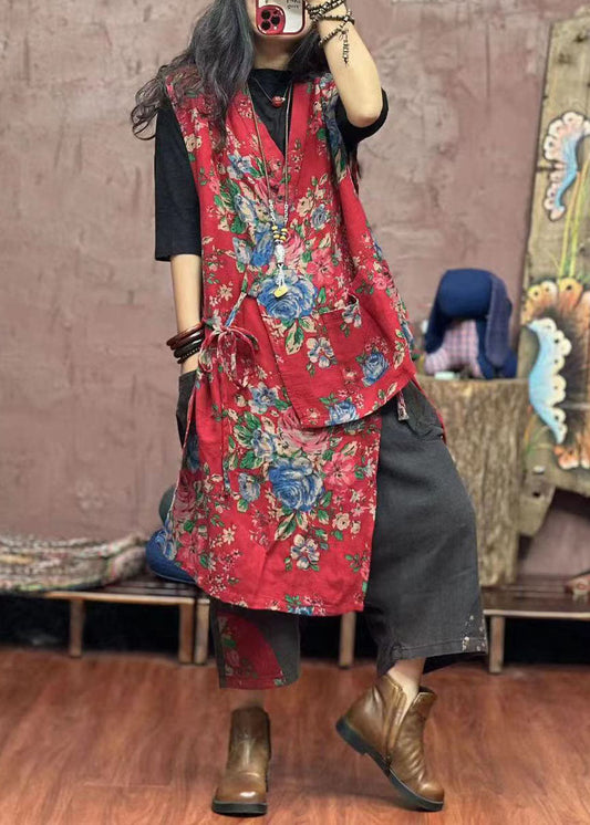 Boho Rote asymmetrische Print Patchwork Baumwolle Weste Ärmellos
