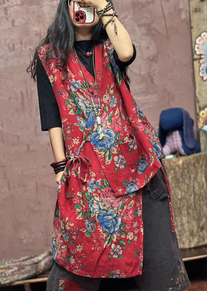 Boho Rote asymmetrische Print Patchwork Baumwolle Weste Ärmellos