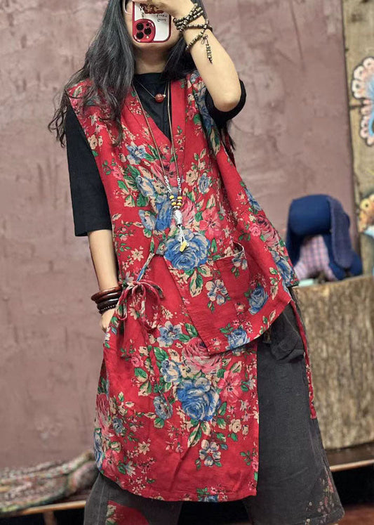 Boho Rote asymmetrische Print Patchwork Baumwolle Weste Ärmellos