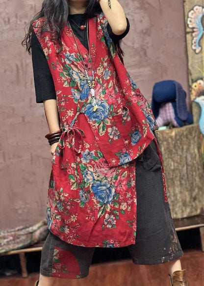 Boho Rote asymmetrische Print Patchwork Baumwolle Weste Ärmellos