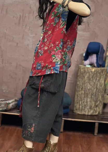 Boho Rote asymmetrische Print Patchwork Baumwolle Weste Ärmellos