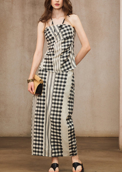 Boho Red Backless Plaid Cotton Two Pieces Set Summer