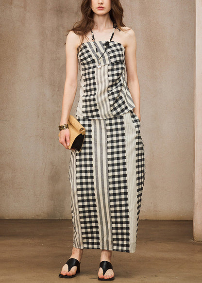 Boho Red Backless Plaid Cotton Two Pieces Set Summer