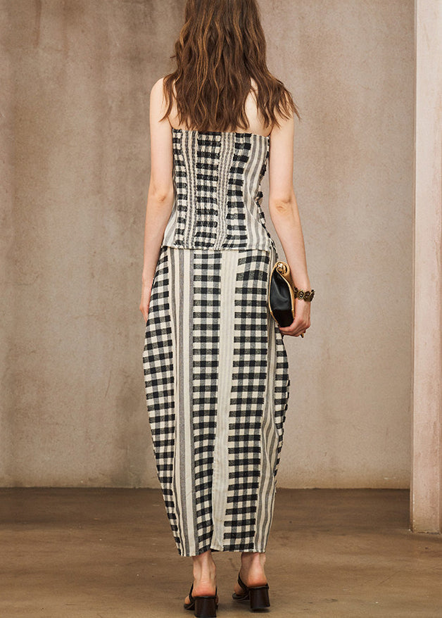 Boho Red Backless Plaid Cotton Two Pieces Set Summer