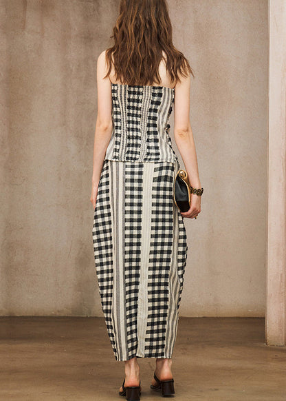 Boho Red Backless Plaid Cotton Two Pieces Set Summer