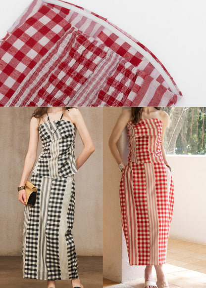 Boho Red Backless Plaid Cotton Two Pieces Set Summer