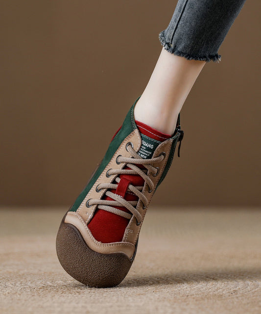 Boho-Schnürstiefel aus rotem Rindsleder mit Ziernähten