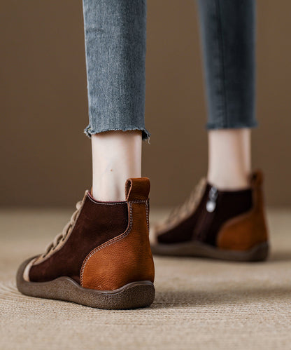 Boho-Schnürstiefel aus rotem Rindsleder mit Ziernähten