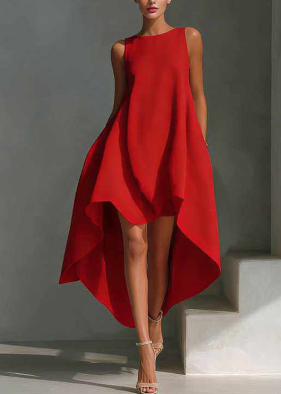 Boho Red O-Neck Asymmetrical Patchwork Long Dress Sleeveless