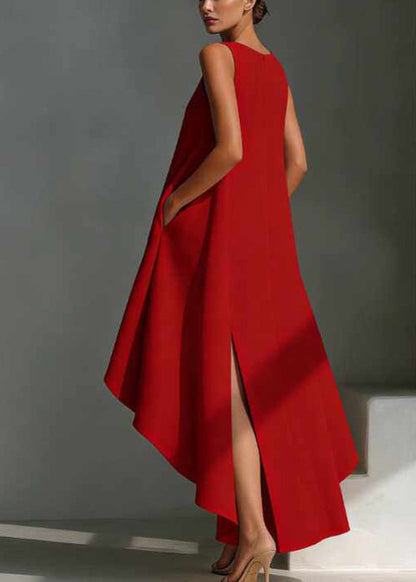 Boho Red O-Neck Asymmetrical Patchwork Long Dress Sleeveless