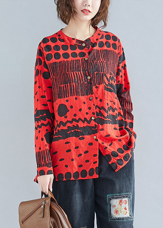 Boho Rot O-Ausschnitt Knopf Druck Taschen Herbst Blusen Langarm