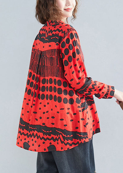 Boho Rot O-Ausschnitt Knopf Druck Taschen Herbst Blusen Langarm