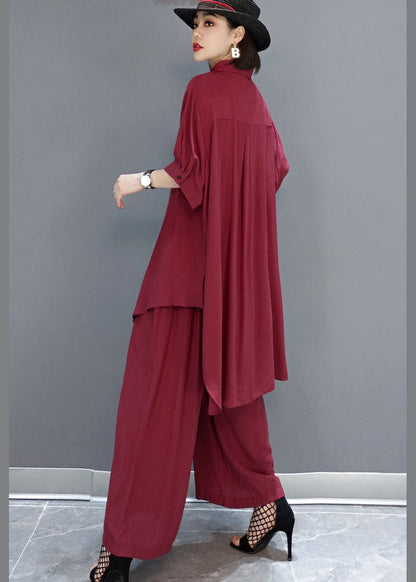 Boho Rotes Peter Pan Kragen Hemd weite Beinhose Satin Zweiteiler Set Frühling