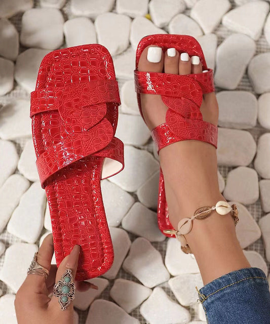 Boho Rote Plus Size Kunstleder Slide Sandalen Peep Toe