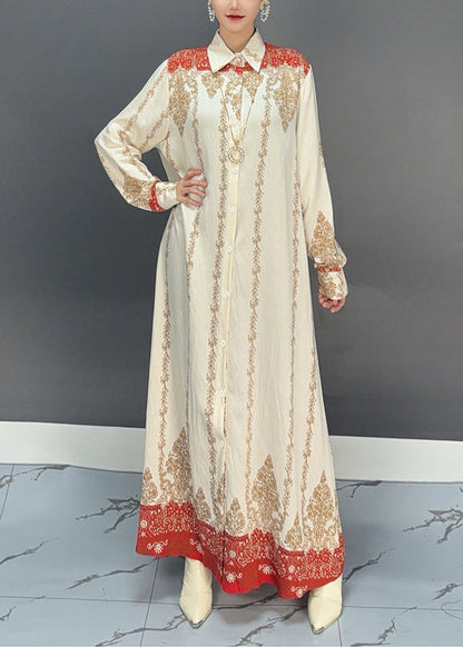 Boho Red Print Button Holiday Maxi Shirts Dresses Fall