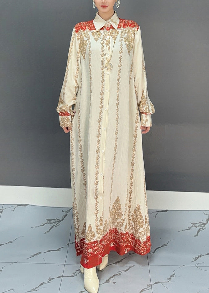 Boho Red Print Button Holiday Maxi Shirts Dresses Fall