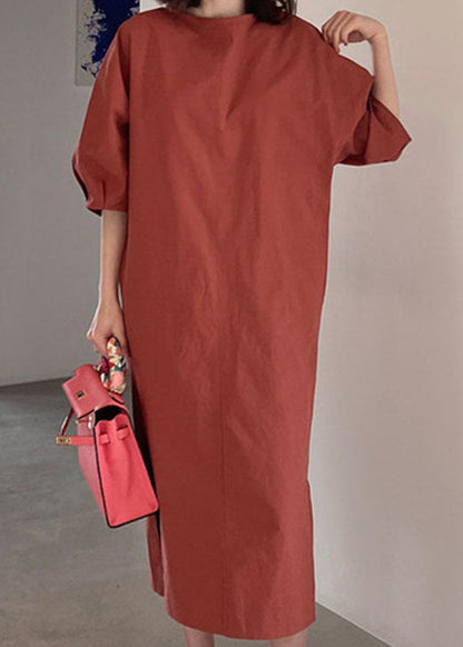 Boho Rotes Puffärmel-Baumwoll-Langes Kleid Frühling