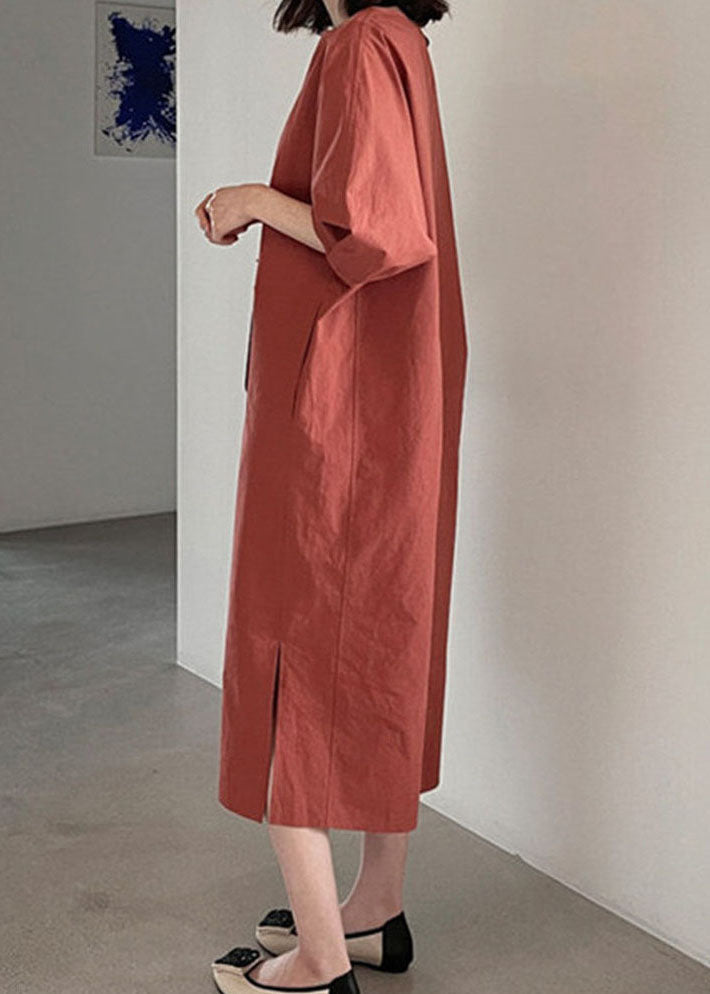 Boho Rotes Puffärmel-Baumwoll-Langes Kleid Frühling