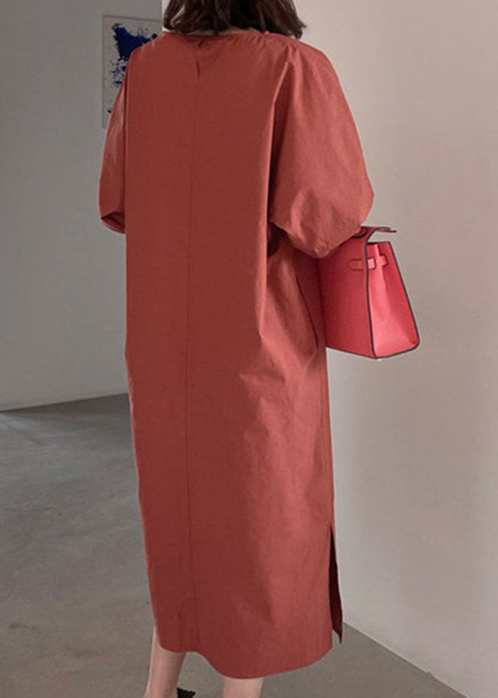 Boho Rotes Puffärmel-Baumwoll-Langes Kleid Frühling