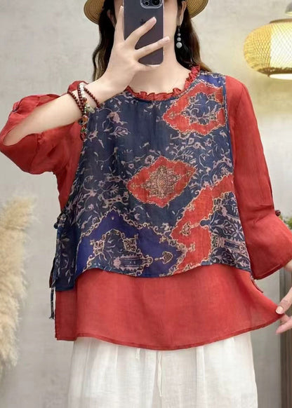 Boho Red Ruffled Patchwork Linen Blouse Top Bracelet Sleeve