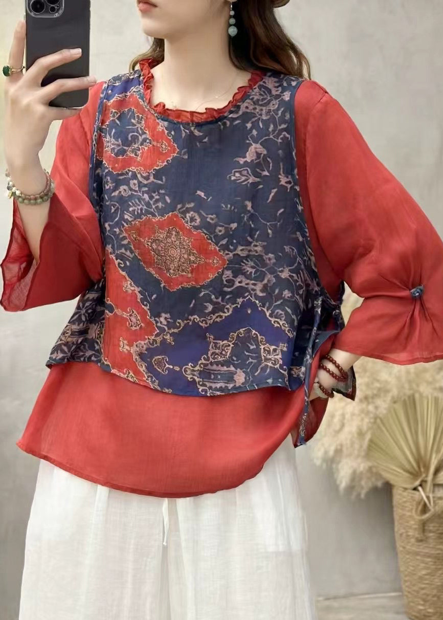 Boho Red Ruffled Patchwork Linen Blouse Top Bracelet Sleeve