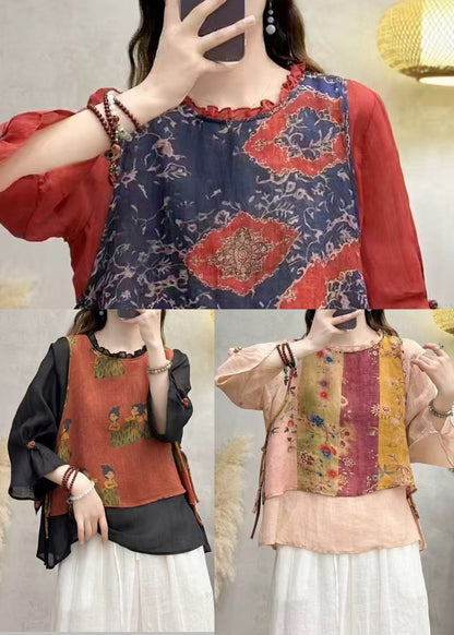 Boho Red Ruffled Patchwork Linen Blouse Top Bracelet Sleeve