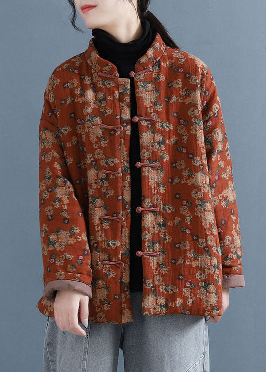 Boho Red Stand Collar Print Oriental Button Feine Baumwollgefüllte Jacke im Winter