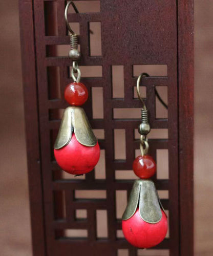 Pendientes colgantes de cobre con patchwork de turquesa roja estilo bohemio