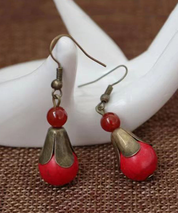 Pendientes colgantes de cobre con patchwork de turquesa roja estilo bohemio